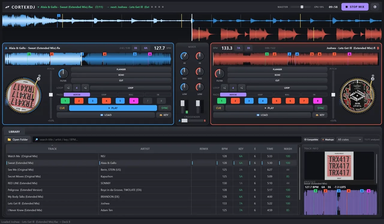 An AI DJ mixing a full tech house set live on the CortexDJ decks